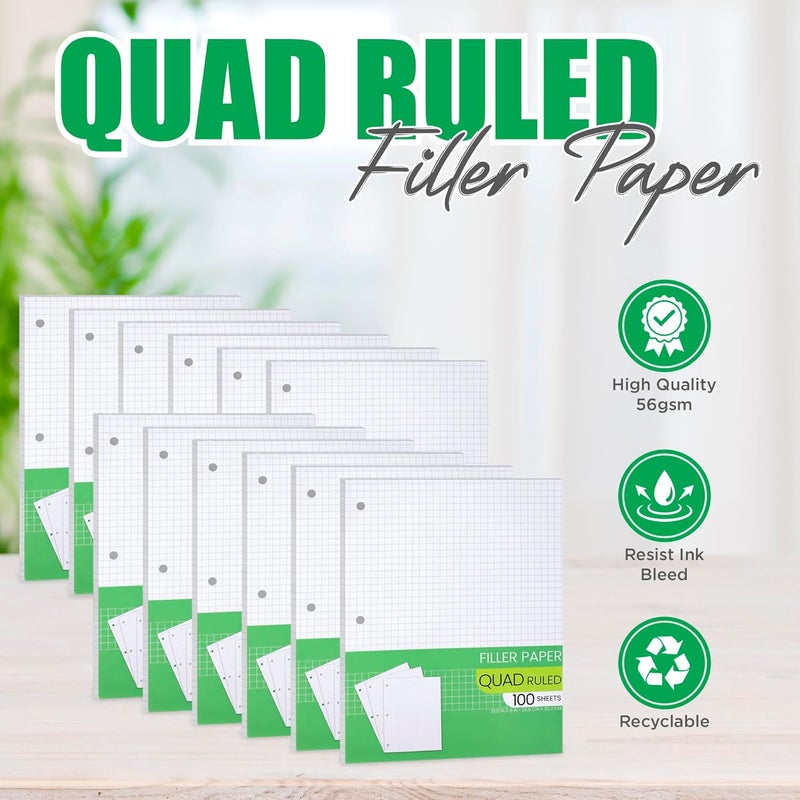 Manaloom Graph Paper, Filler Paper Loose leaf Graph Paper - 8” x 10.5" - Graph Ruled, 4x4 Quad Ruled Notebook Paper, 3 Hole Punched Loose leaf Papers for 3 Ring Binders - 100 Sheets per Pack (12 Pack) - Image 2